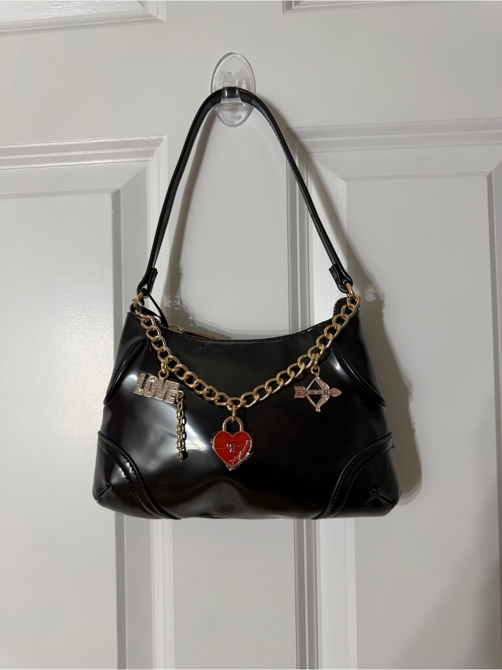 Juicy Couture Black Patent Shoulder Bag with Gold Chain and Red Heart Charm